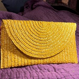 Shiraleah Chicago Yellow Straw Clutch Handbag with navy/anchor fabric liner